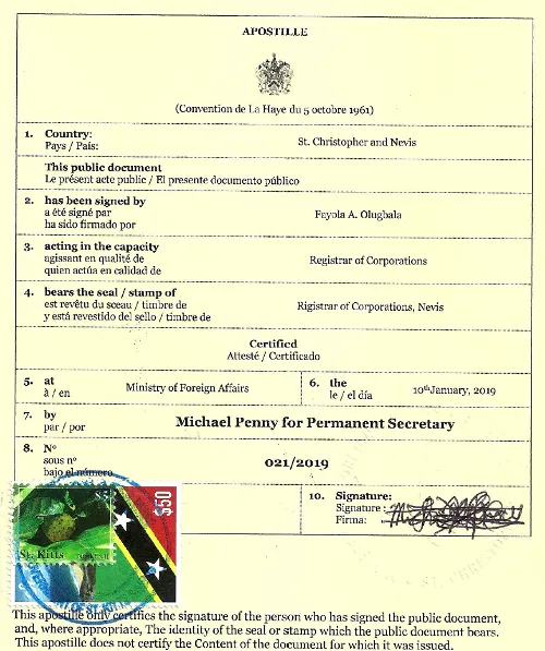Апостиль из Сент-Китс и Невис