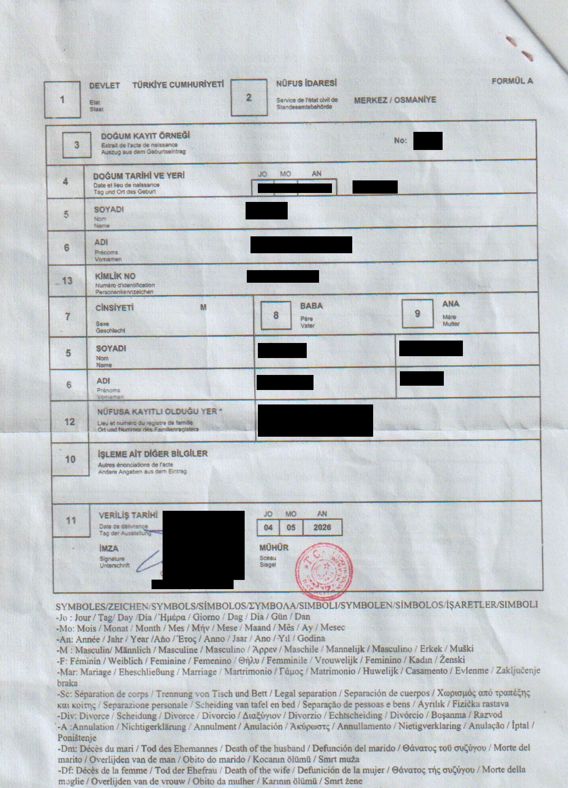 Свидетельство о рождении в Турции
