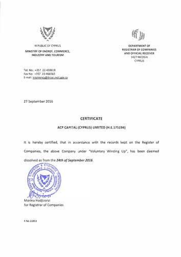 Certificate of Dissolution из торгового реестра Кипра с апостилем