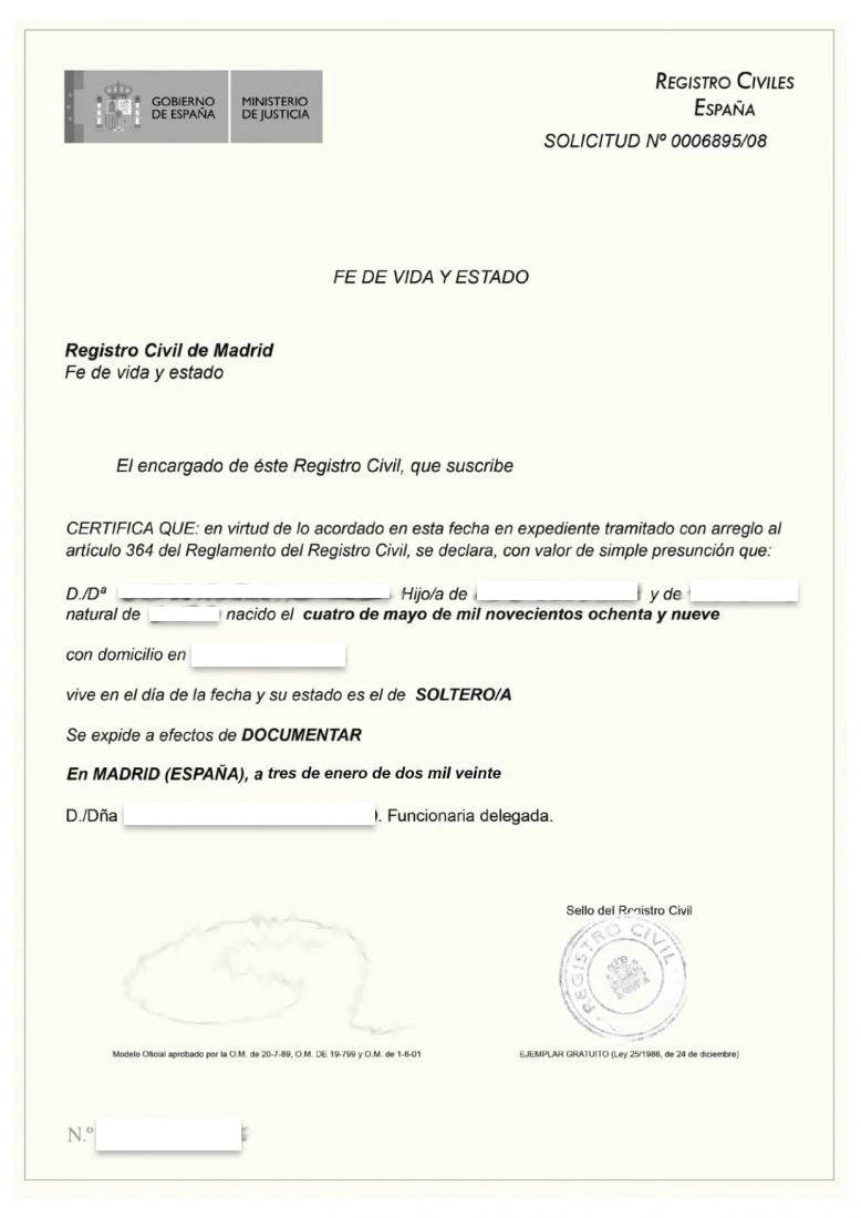 Fe de vida y estado из Испании