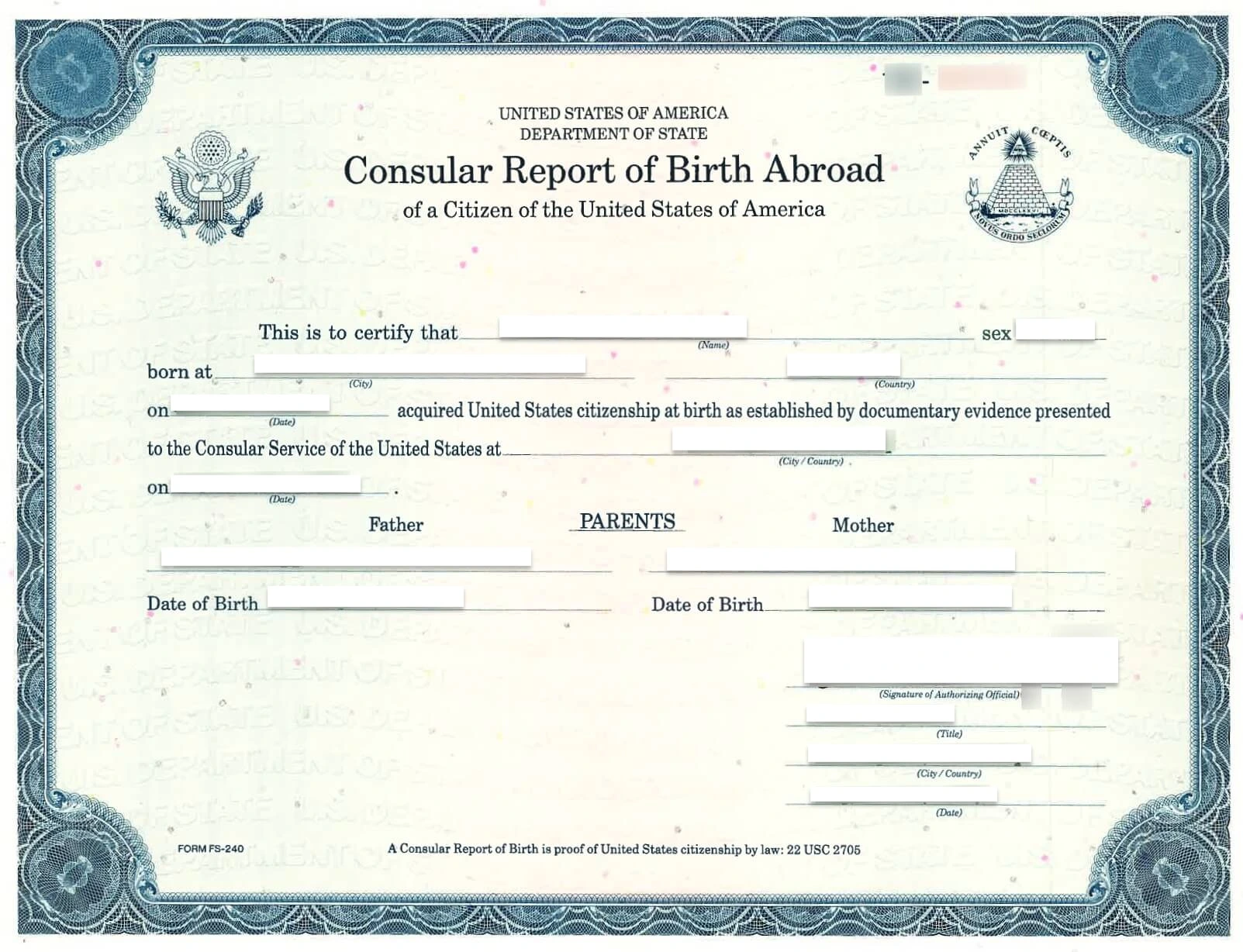 Consular Report of Birth Abroad из США