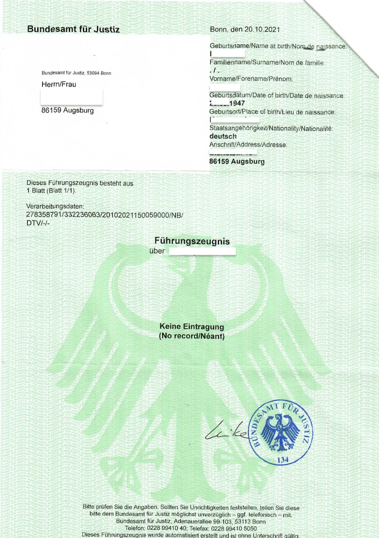 Образец апостиля на справку о несудимости из Германии (Führungszeugnis)