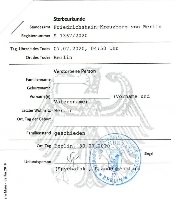 Образец свидетельства о смерти из Германии (Geburtsurkunde)