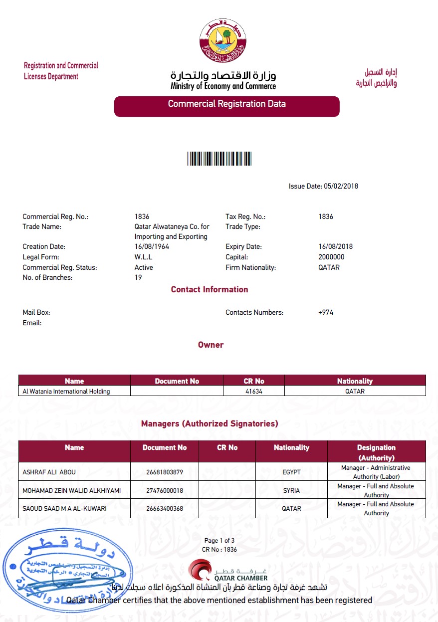 Сертифицированная выписка из торгового реестра Катара