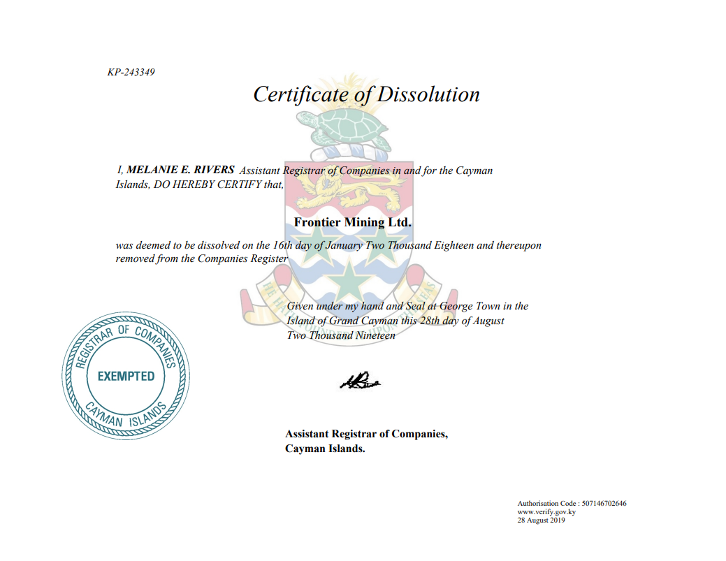 Certificate of Dissolution из реестра Каймановыйх островов