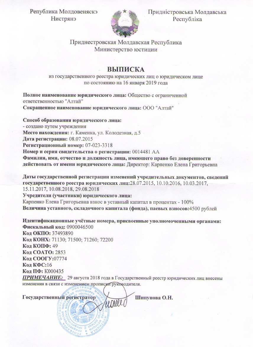 Актуальная выписка из реестра Приднестровья