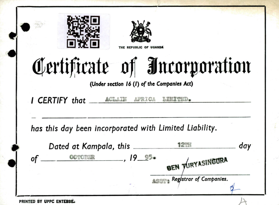 Certificate of Incorporation из реестра Уганды