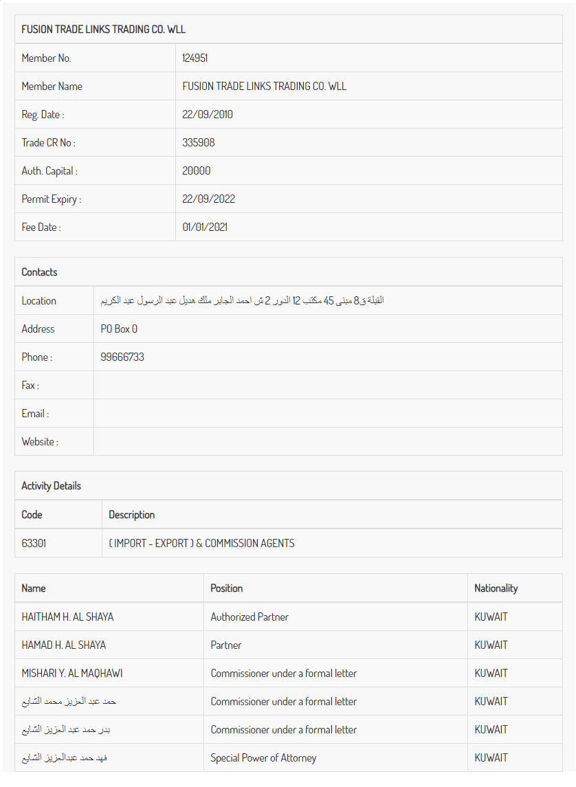 Актуальная выписка из реестра Кувейта