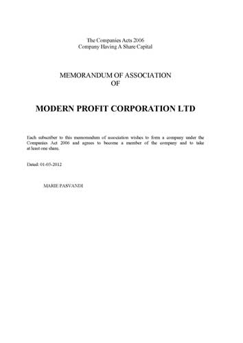 Memorandum of Association из торгового реестра Великобритании