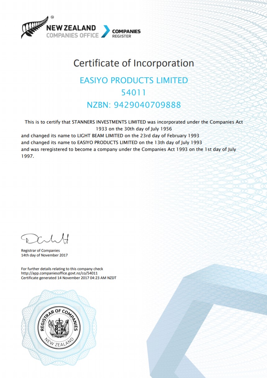 Certificate of Incorporation из реестра Новой Зеландии