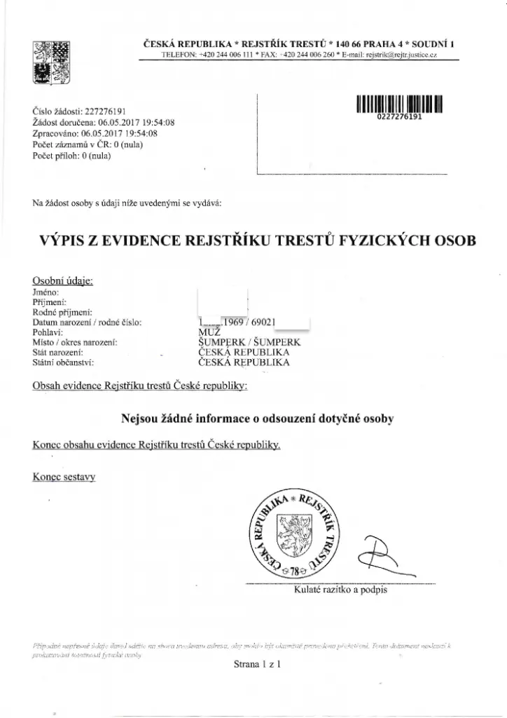 Справка о несудимости в Чехии Справка о несудимости в Чехии
