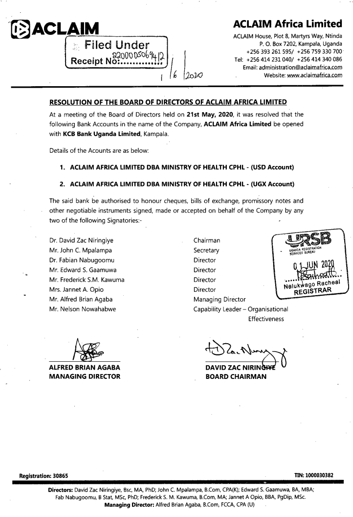 Резолюция совета директоров из Торгового реестра Уганды