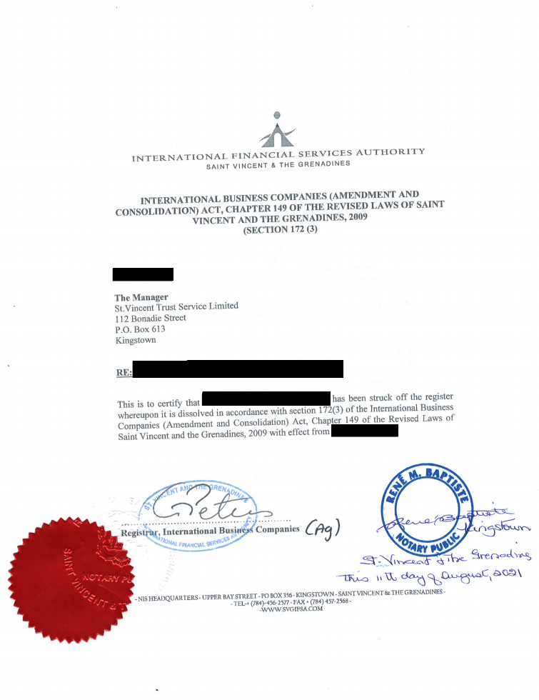 Certificate of striking off a company