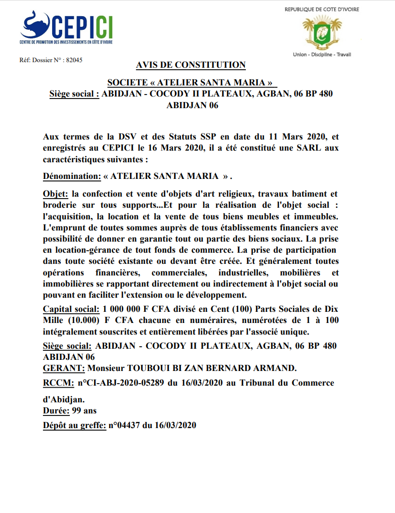 Актуальная выписка из реестра Кот-д’Ивуар