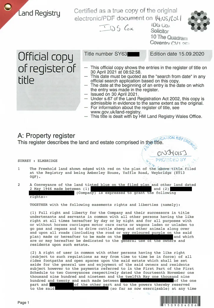 копия из реестра недвижимости Англии и Уэльса