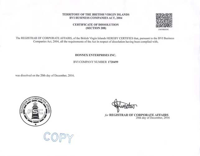 Certificate of Dissolution из торгового реестра БВО