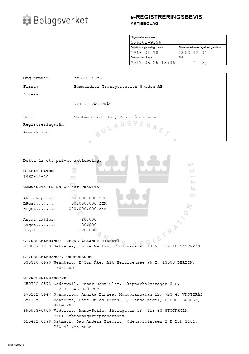  Сертификат о регистрации (Registreringsbevis) из реестра Швеции