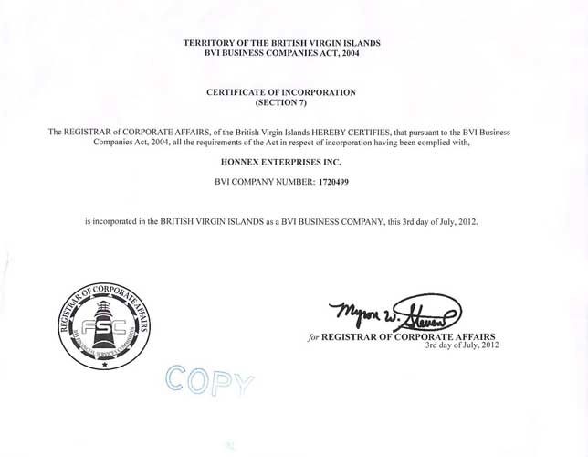 Certificate of Incorporation из торгового реестра БВО