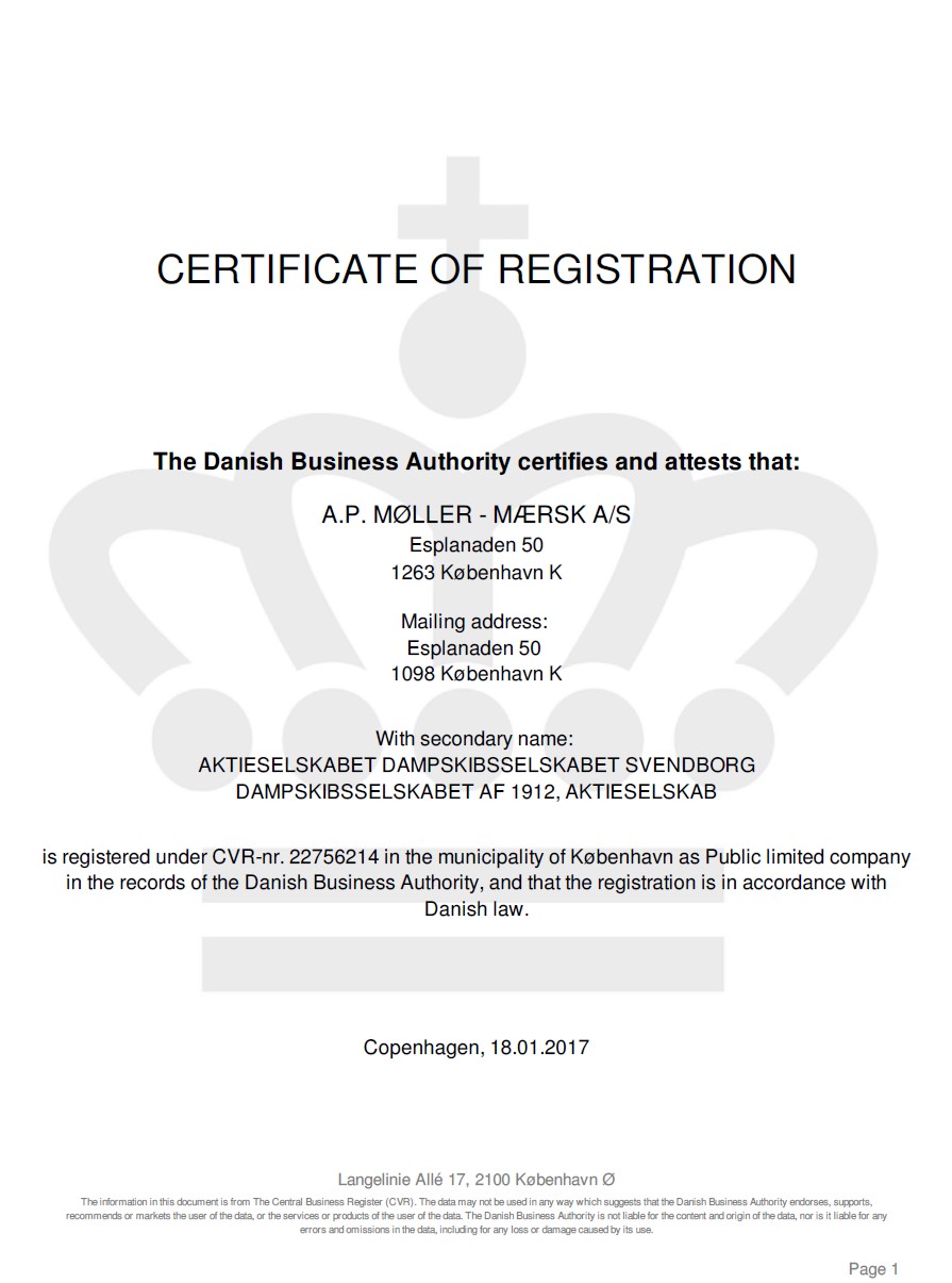 Сертификат о регистрации из реестра Дании