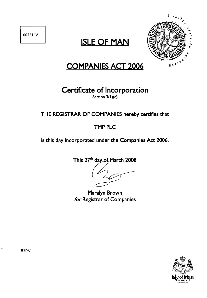 Certificate of Incorporation выписка из торгового реестра острова Мэн