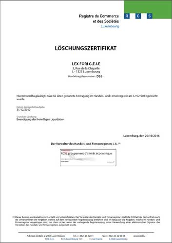 Сертификат о ликвидации из реестра Люксембурга
