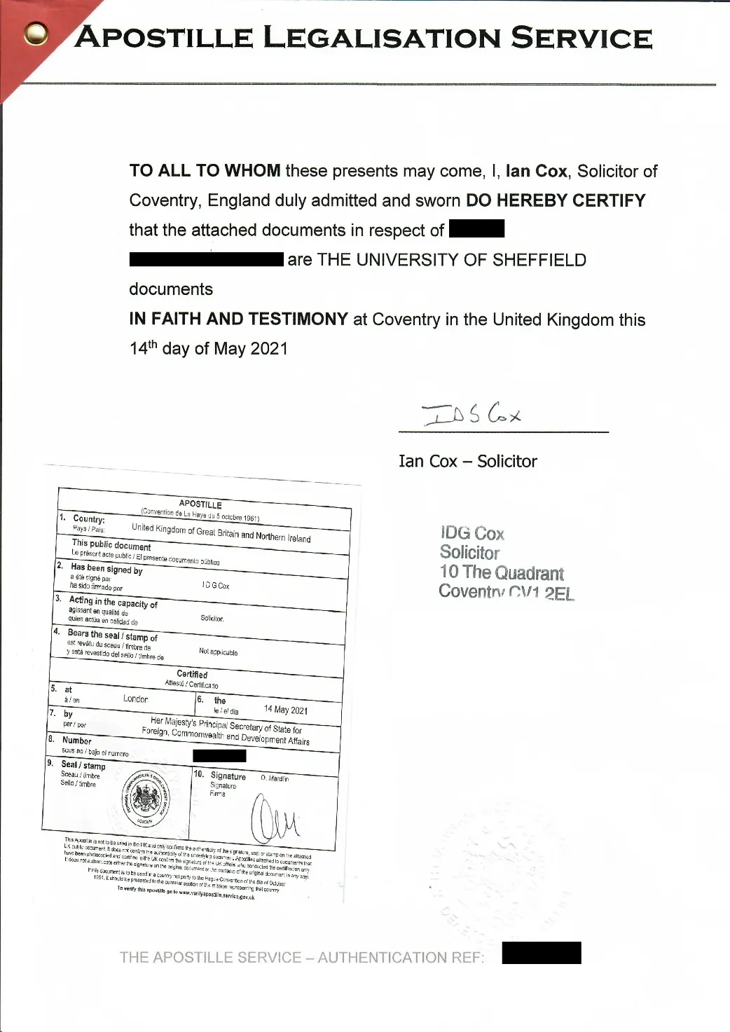 Образец апостиля на дипломе из Великбобритании